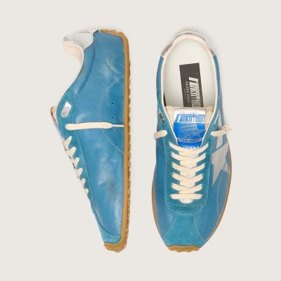 Golden Goose Marathon Speed Sneaker In Blue Nappa With Printed Star And Silver Leather Heel Tab