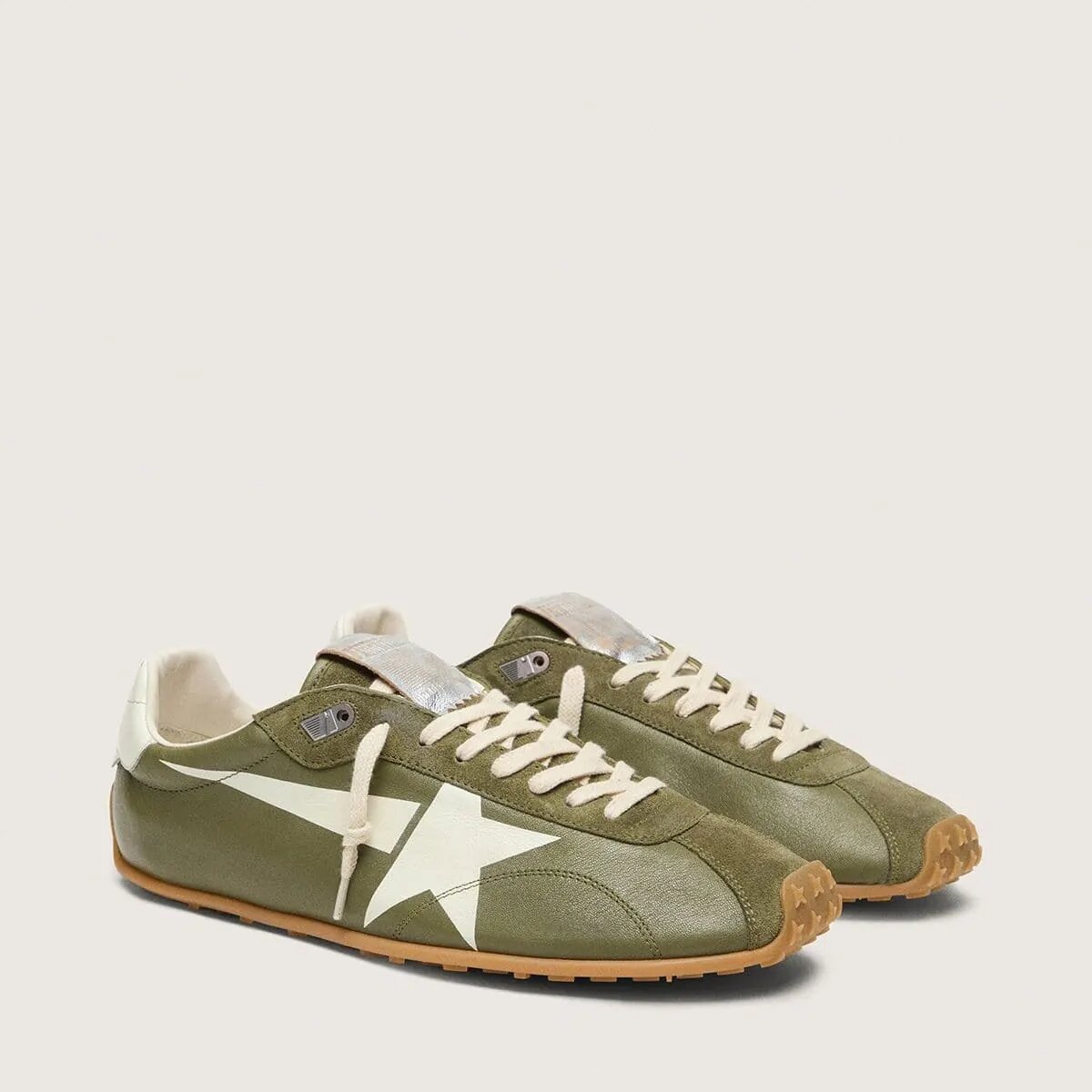 Golden Goose Marathon Speed Sneaker In Olive-Green Leather With Cream Star Golden Goose Marathon Speed Sneaker In Olive-Green Leather With Cream Star
