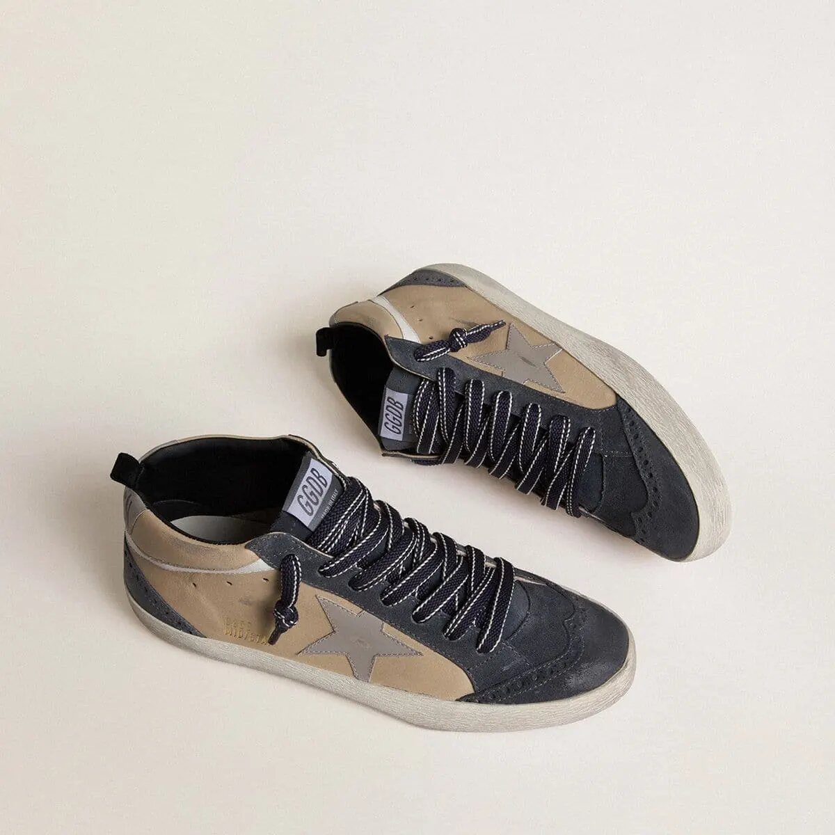 Golden Goose Mid Star Sneaker In Beige And Blue Suede With Gray Nappa Leather Star And White Leather Flash Golden Goose Mid Star Sneaker In Beige And Blue Suede With Gray Nappa Leather Star And White Leather Flash