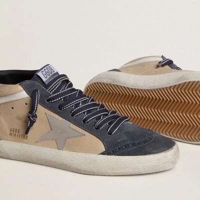 Golden Goose Mid Star Sneaker In Beige And Blue Suede With Gray Nappa Leather Star And White Leather Flash Golden Goose Mid Star Sneaker In Beige And Blue Suede With Gray Nappa Leather Star And White Leather Flash