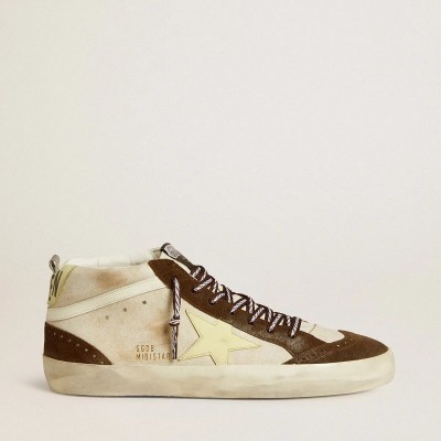 Golden Goose Mid Star Sneaker In Beige Glitter With Yellow Suede Star And Cotton Flash
