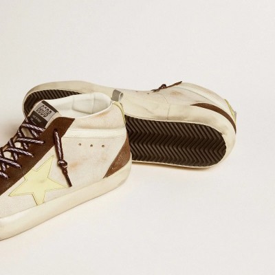 Golden Goose Mid Star Sneaker In Beige Glitter With Yellow Suede Star And Cotton Flash
