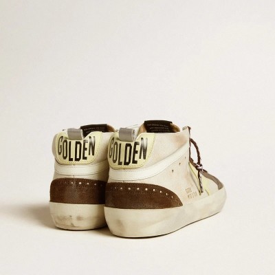 Golden Goose Mid Star Sneaker In Beige Glitter With Yellow Suede Star And Cotton Flash