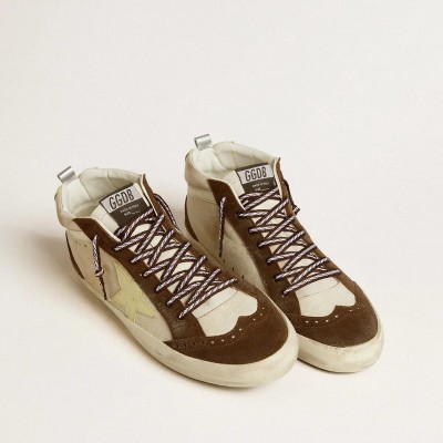 Golden Goose Mid Star Sneaker In Beige Glitter With Yellow Suede Star And Cotton Flash Golden Goose Mid Star Sneaker In Beige Glitter With Yellow Suede Star And Cotton Flash