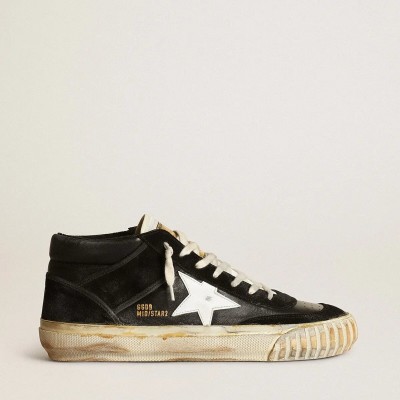 Golden Goose Mid Star Sneaker In Black Nappa And Suede With White Leather Star Golden Goose Mid Star Sneaker In Black Nappa And Suede With White Leather Star