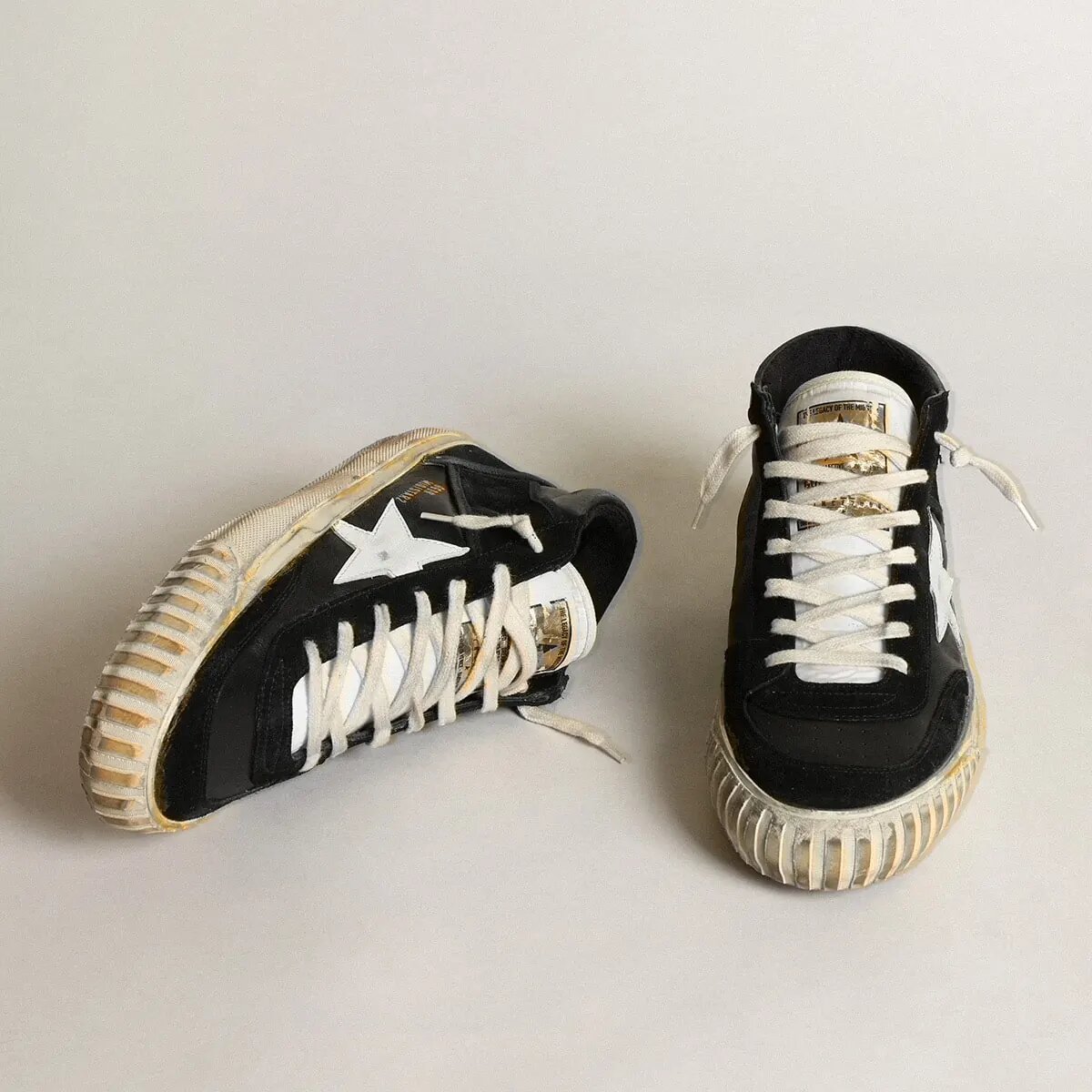 Golden Goose Mid Star Sneaker In Black Nappa And Suede With White Leather Star Golden Goose Mid Star Sneaker In Black Nappa And Suede With White Leather Star