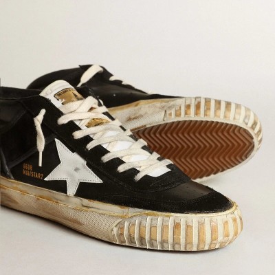 Golden Goose Mid Star Sneaker In Black Nappa And Suede With White Leather Star Golden Goose Mid Star Sneaker In Black Nappa And Suede With White Leather Star