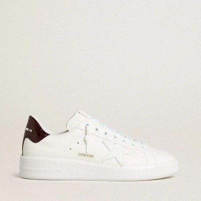 Golden Goose Purestar Sneaker With White Leather Star And Burgundy Croc-Print Leather Heel Tab Golden Goose Purestar Sneaker With White Leather Star And Burgundy Croc-Print Leather Heel Tab