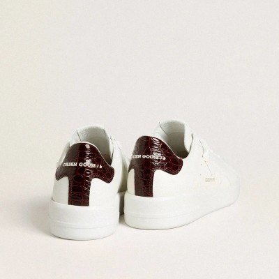 Golden Goose Purestar Sneaker With White Leather Star And Burgundy Croc-Print Leather Heel Tab Golden Goose Purestar Sneaker With White Leather Star And Burgundy Croc-Print Leather Heel Tab