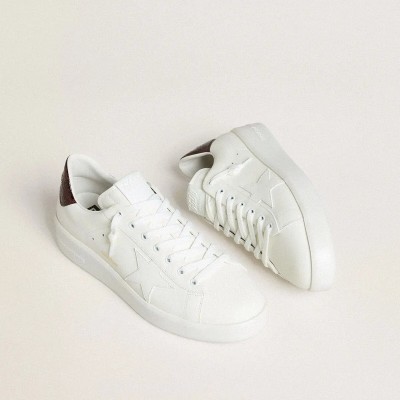 Golden Goose Purestar Sneaker With White Leather Star And Burgundy Croc-Print Leather Heel Tab Golden Goose Purestar Sneaker With White Leather Star And Burgundy Croc-Print Leather Heel Tab
