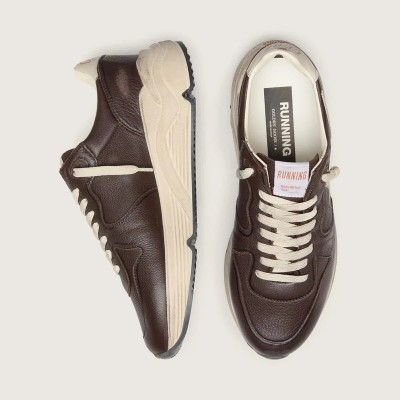Golden Goose Running Sole Sneaker In Brown Leather With Cream Star Golden Goose Running Sole Sneaker In Brown Leather With Cream Star