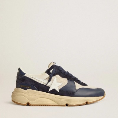 Golden Goose Running Sole Sneaker In Cream Mesh And Blue Leather With A White Leather Star Golden Goose Running Sole Sneaker In Cream Mesh And Blue Leather With A White Leather Star