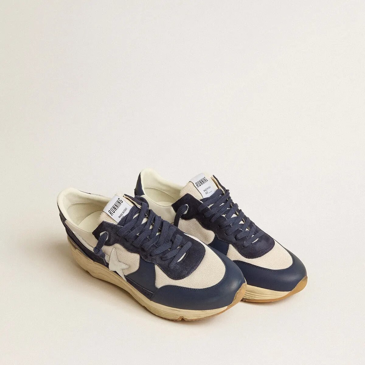 Golden Goose Running Sole Sneaker In Cream Mesh And Blue Leather With A White Leather Star Golden Goose Running Sole Sneaker In Cream Mesh And Blue Leather With A White Leather Star