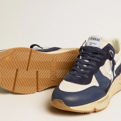 Golden Goose Running Sole Sneaker In Cream Mesh And Blue Leather With A White Leather Star Golden Goose Running Sole Sneaker In Cream Mesh And Blue Leather With A White Leather Star