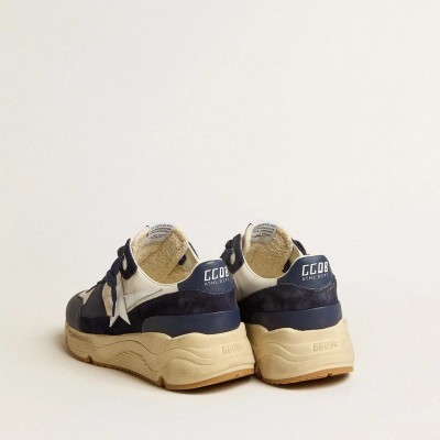 Golden Goose Running Sole Sneaker In Cream Mesh And Blue Leather With A White Leather Star Golden Goose Running Sole Sneaker In Cream Mesh And Blue Leather With A White Leather Star