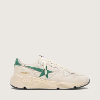 Golden Goose Running Sole Sneaker In Cream Nylon And Leather With Green Leather Star Golden Goose Running Sole Sneaker In Cream Nylon And Leather With Green Leather Star