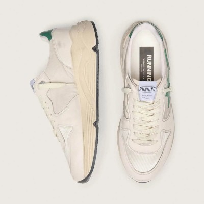 Golden Goose Running Sole Sneaker In Cream Nylon And Leather With Green Leather Star Golden Goose Running Sole Sneaker In Cream Nylon And Leather With Green Leather Star