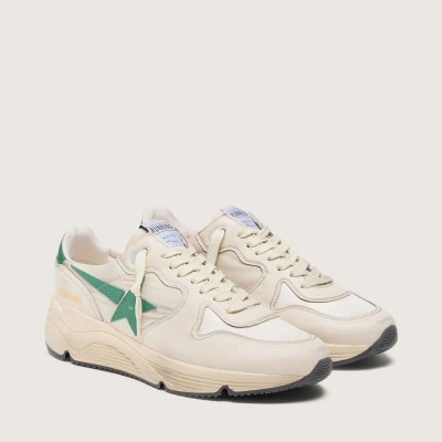 Golden Goose Running Sole Sneaker In Cream Nylon And Leather With Green Leather Star Golden Goose Running Sole Sneaker In Cream Nylon And Leather With Green Leather Star