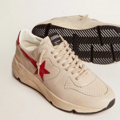 Golden Goose Running Sole Sneaker In Gray Morn Nappa Leather With Red Nappa Leather Star And Heel Tab Golden Goose Running Sole Sneaker In Gray Morn Nappa Leather With Red Nappa Leather Star And Heel Tab