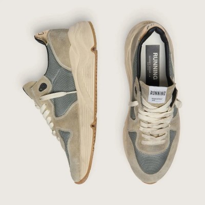 Golden Goose Running Sole Sneaker In Gray Suede With White Star And White Heel Tab Golden Goose Running Sole Sneaker In Gray Suede With White Star And White Heel Tab