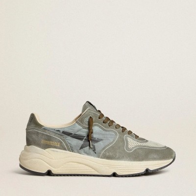 Golden Goose Running Sole Sneaker In Light Blue Nylon With Black Star And Green Leather Heel Tab Golden Goose Running Sole Sneaker In Light Blue Nylon With Black Star And Green Leather Heel Tab