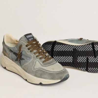 Golden Goose Running Sole Sneaker In Light Blue Nylon With Black Star And Green Leather Heel Tab Golden Goose Running Sole Sneaker In Light Blue Nylon With Black Star And Green Leather Heel Tab