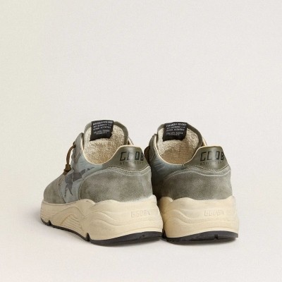 Golden Goose Running Sole Sneaker In Light Blue Nylon With Black Star And Green Leather Heel Tab Golden Goose Running Sole Sneaker In Light Blue Nylon With Black Star And Green Leather Heel Tab