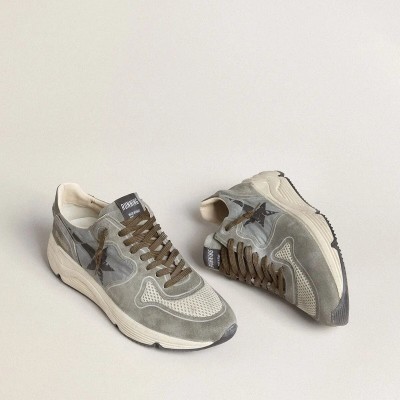 Golden Goose Running Sole Sneaker In Light Blue Nylon With Black Star And Green Leather Heel Tab Golden Goose Running Sole Sneaker In Light Blue Nylon With Black Star And Green Leather Heel Tab