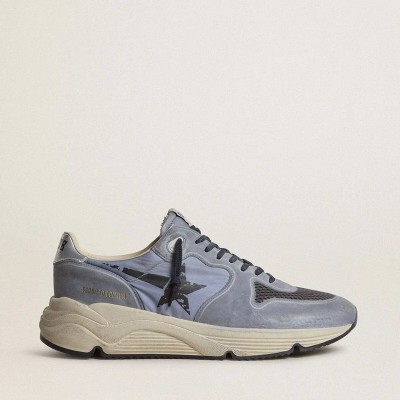 Golden Goose Running Sole Sneaker In Light Blue Nylon And Nubuck With Black Star Golden Goose Running Sole Sneaker In Light Blue Nylon And Nubuck With Black Star