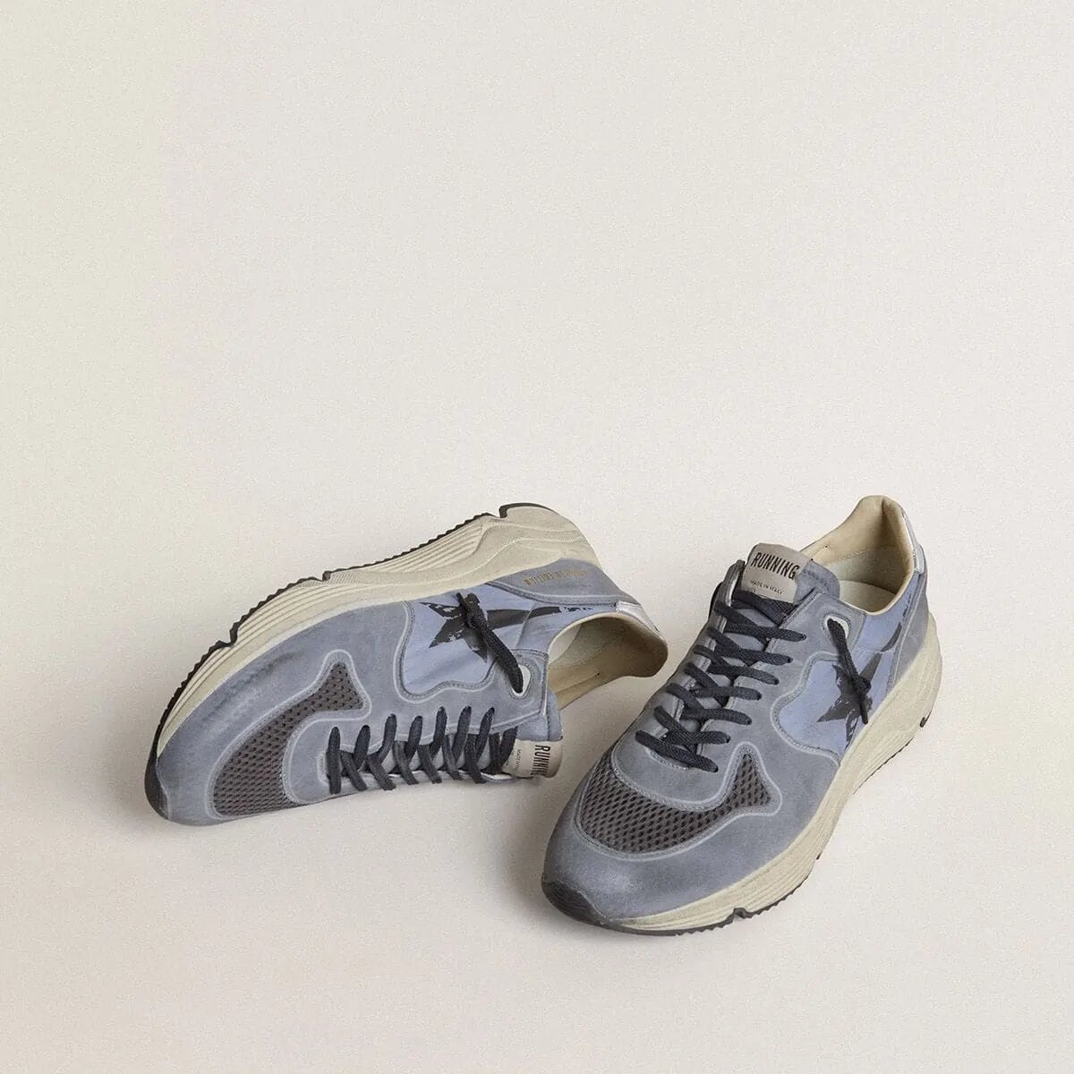 Golden Goose Running Sole Sneaker In Light Blue Nylon And Nubuck With Black Star Golden Goose Running Sole Sneaker In Light Blue Nylon And Nubuck With Black Star