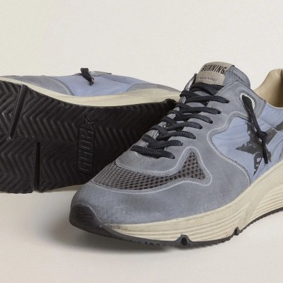 Golden Goose Running Sole Sneaker In Light Blue Nylon And Nubuck With Black Star Golden Goose Running Sole Sneaker In Light Blue Nylon And Nubuck With Black Star