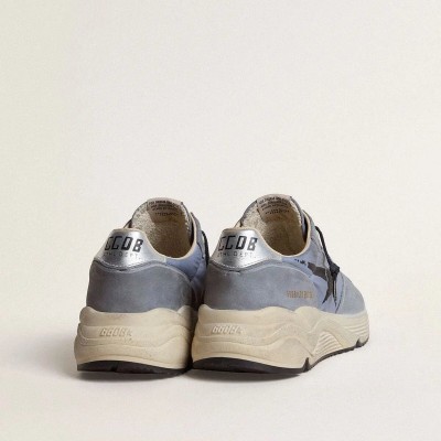 Golden Goose Running Sole Sneaker In Light Blue Nylon And Nubuck With Black Star Golden Goose Running Sole Sneaker In Light Blue Nylon And Nubuck With Black Star