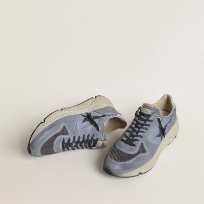 Golden Goose Running Sole Sneaker In Light Blue Nylon And Nubuck With Black Star Golden Goose Running Sole Sneaker In Light Blue Nylon And Nubuck With Black Star
