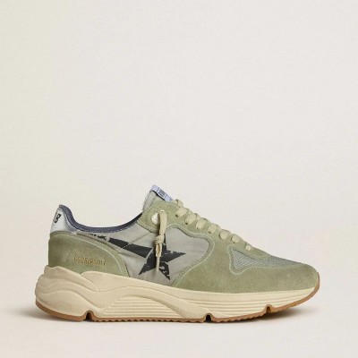 Golden Goose Running Sole Sneaker In Sage-Green Nylon And Suede With Printed Black Star Golden Goose Running Sole Sneaker In Sage-Green Nylon And Suede With Printed Black Star