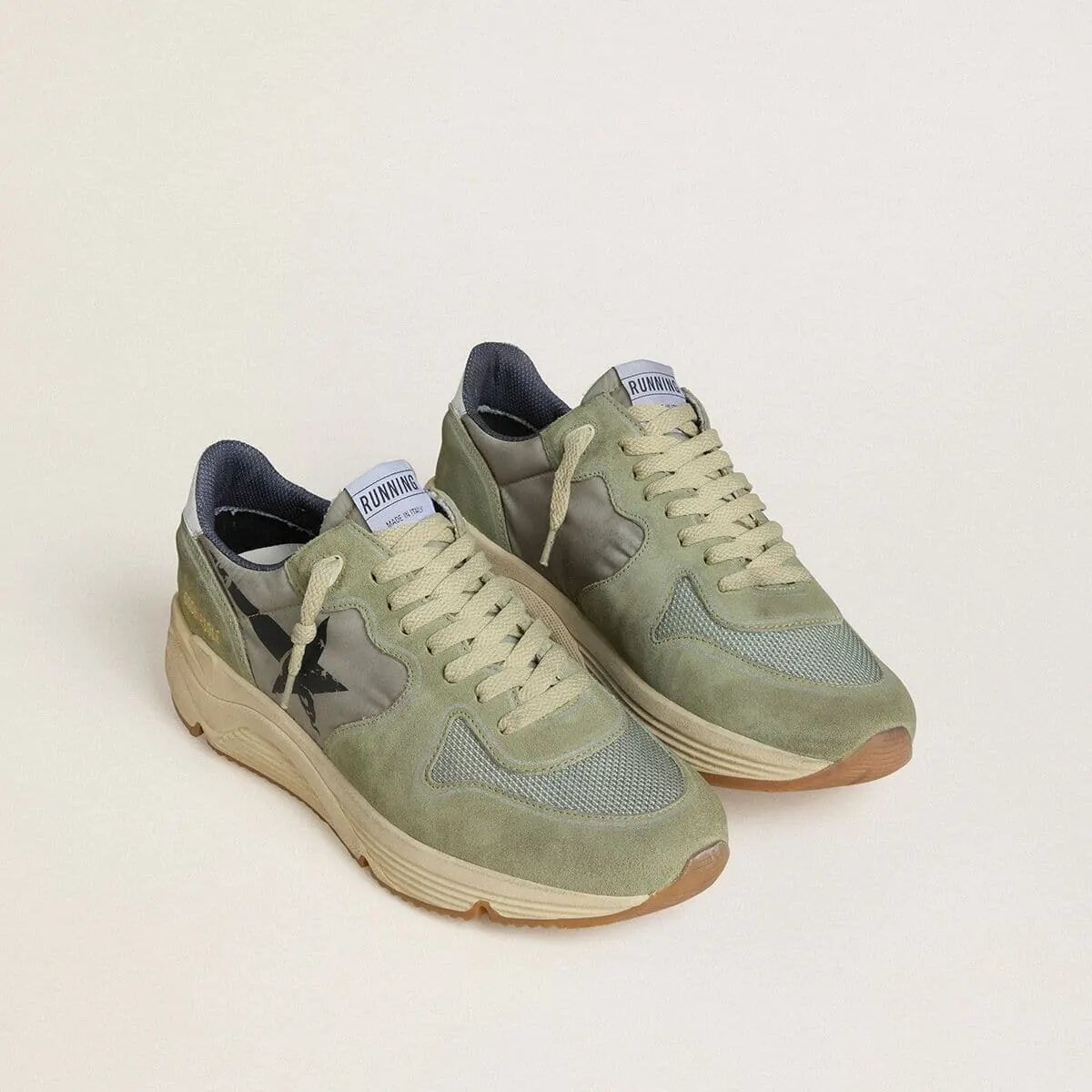 Golden Goose Running Sole Sneaker In Sage-Green Nylon And Suede With Printed Black Star Golden Goose Running Sole Sneaker In Sage-Green Nylon And Suede With Printed Black Star