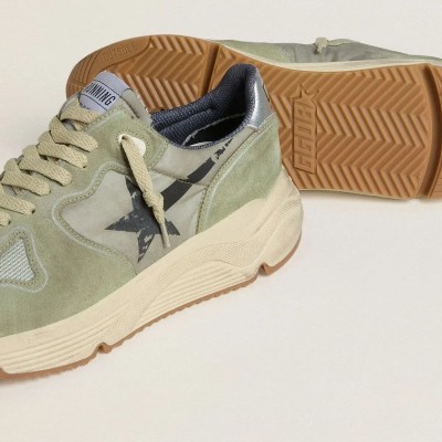 Golden Goose Running Sole Sneaker In Sage-Green Nylon And Suede With Printed Black Star Golden Goose Running Sole Sneaker In Sage-Green Nylon And Suede With Printed Black Star
