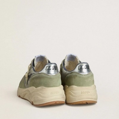 Golden Goose Running Sole Sneaker In Sage-Green Nylon And Suede With Printed Black Star Golden Goose Running Sole Sneaker In Sage-Green Nylon And Suede With Printed Black Star