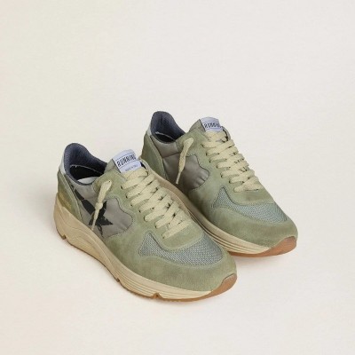 Golden Goose Running Sole Sneaker In Sage-Green Nylon And Suede With Printed Black Star Golden Goose Running Sole Sneaker In Sage-Green Nylon And Suede With Printed Black Star