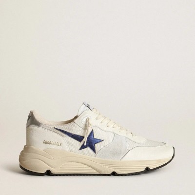 Golden Goose Running Sole Sneaker In White Leather And Mesh With Blue Laminated Leather Star