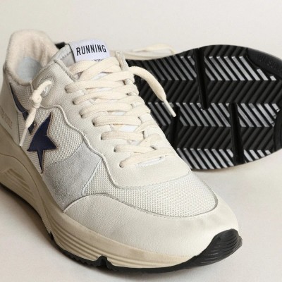 Golden Goose Running Sole Sneaker In White Leather And Mesh With Blue Laminated Leather Star