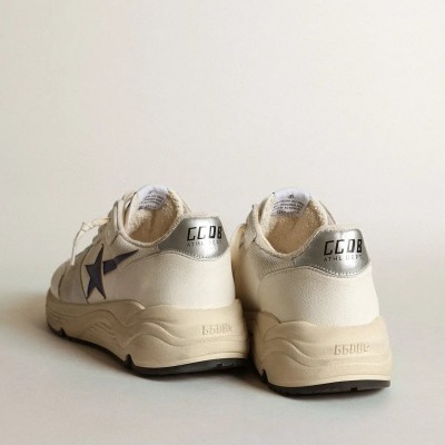 Golden Goose Running Sole Sneaker In White Leather And Mesh With Blue Laminated Leather Star