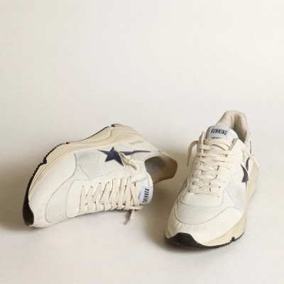 Golden Goose Running Sole Sneaker In White Leather And Mesh With Blue Laminated Leather Star Golden Goose Running Sole Sneaker In White Leather And Mesh With Blue Laminated Leather Star