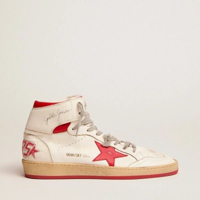 Golden Goose Sky-Star Sneaker With Signature On The Ankle And Red Inserts Golden Goose Sky-Star Sneaker With Signature On The Ankle And Red Inserts