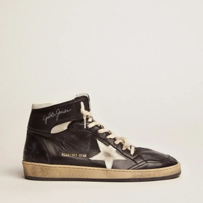 Golden Goose Sky-Star Sneaker In Black Nappa Leather With White Leather Star