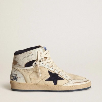Golden Goose Sky-Star Sneaker In Cream-Colored Nylon And Leather With Blue Suede Star