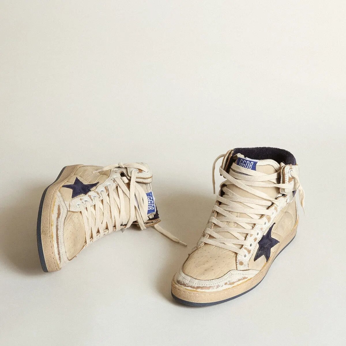 Golden Goose Sky-Star Sneaker In Cream-Colored Nylon And Leather With Blue Suede Star