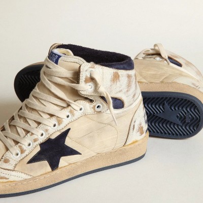 Golden Goose Sky-Star Sneaker In Cream-Colored Nylon And Leather With Blue Suede Star