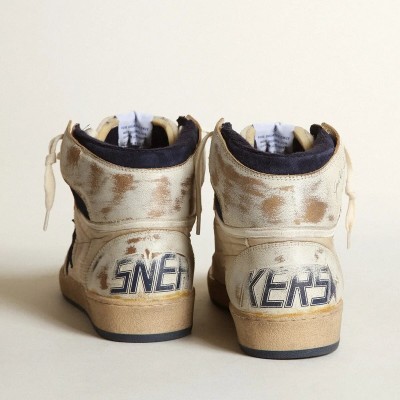 Golden Goose Sky-Star Sneaker In Cream-Colored Nylon And Leather With Blue Suede Star