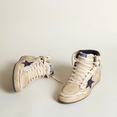 Golden Goose Sky-Star Sneaker In Cream-Colored Nylon And Leather With Blue Suede Star Golden Goose Sky-Star Sneaker In Cream-Colored Nylon And Leather With Blue Suede Star
