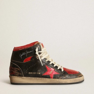 Golden Goose Sky-Star Sneaker In Glossy Black Leather With Red Star Golden Goose Sky-Star Sneaker In Glossy Black Leather With Red Star